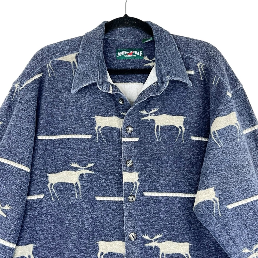 Vintage American Eagle Flannel Moose Shirt L 80s 90s USA Blue Outdoorsy Preppy - Picture 3 of 11